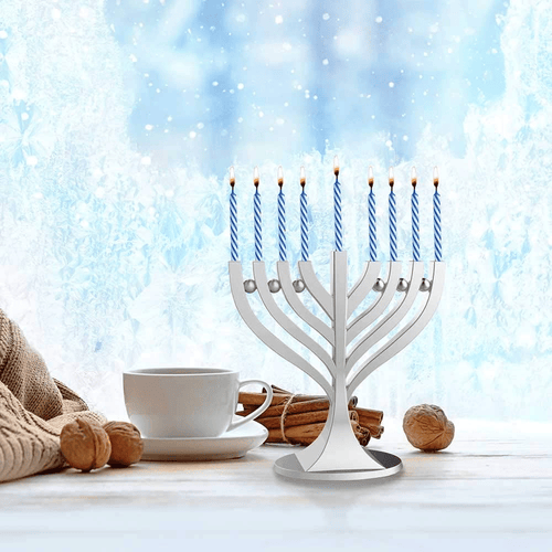 Zion J udaica Mini Classic Menorah with Mini Birthday Size H anukkah Candles - Satin Silver Small Travel Minorah with 44 Blue and White Spiral C hanukah Candles - On The Go Hanukkiah Cute H anukkah Gift EasyOptionXY LLC