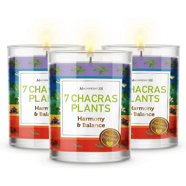 Magnificent 101 Set of 3 Long-Lasting 7 Chakras Plants Aromatherapy Candles | 10.5 Oz - 42-Hour Burn | 100% Soy Wax & Herbs | Ideal for Meditation, Energy Cleansing & Manifestation EasyOptionXY LLC