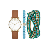Folio Women's Gift Set; Gold Watch, Brown Vegan Leather Strap and Stackable Beaded Bracelets (FMDAL1168) EasyOptionXY LLC