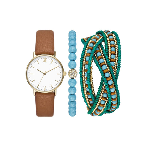 Folio Women's Gift Set; Gold Watch, Brown Vegan Leather Strap and Stackable Beaded Bracelets (FMDAL1168) EasyOptionXY LLC