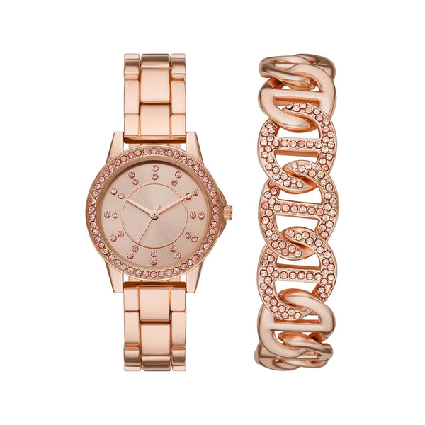 Time & Tru Women's Wristwatch Set: Rose Gold Tone Watch and Bracelet Set Crystal Accents (FMDXTT033) EasyOptionXY LLC