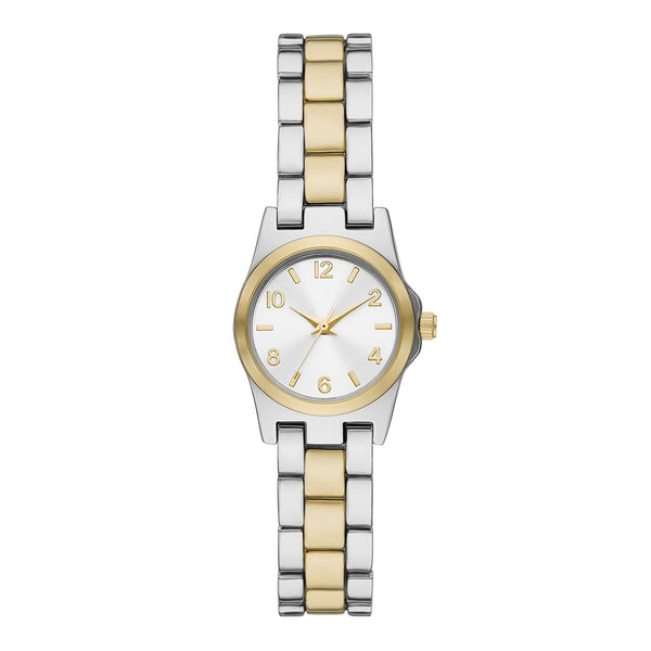 Time & Tru Women's Wristwatch: Two Tone Silver & Gold Round Mini Case and Bracelet, Gold Bezel, Silver Sunray Dial (FMDOTT105) EasyOptionXY LLC