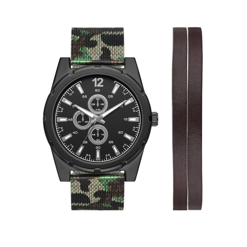 George Men's Watch Set: Gunmetal Tone Case, Black Dial, Camo Mesh Band, Brown Vegan Leather Double Strap (FMDXGE040) EasyOptionXY LLC