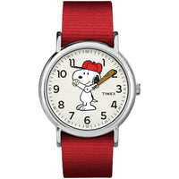 Timex x Peanuts Unisex Weekender 38mm Watch – Snoopy with Red Fabric Slip-Thru Strap EasyOptionXY LLC