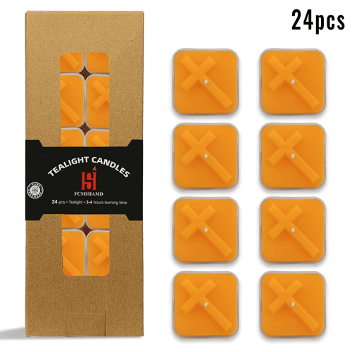 Natural Beeswax Tea Candles, FCMSHAMD 24 Pack Handmade Beeswax Candles, Cross Pattern Square Smokeless Tealight Candles with Clear Cup Great for Home Decoration EasyOptionXY LLC