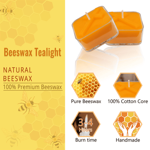 Natural Beeswax Tea Candles, FCMSHAMD 24 Pack Handmade Beeswax Candles, Cross Pattern Square Smokeless Tealight Candles with Clear Cup Great for Home Decoration EasyOptionXY LLC