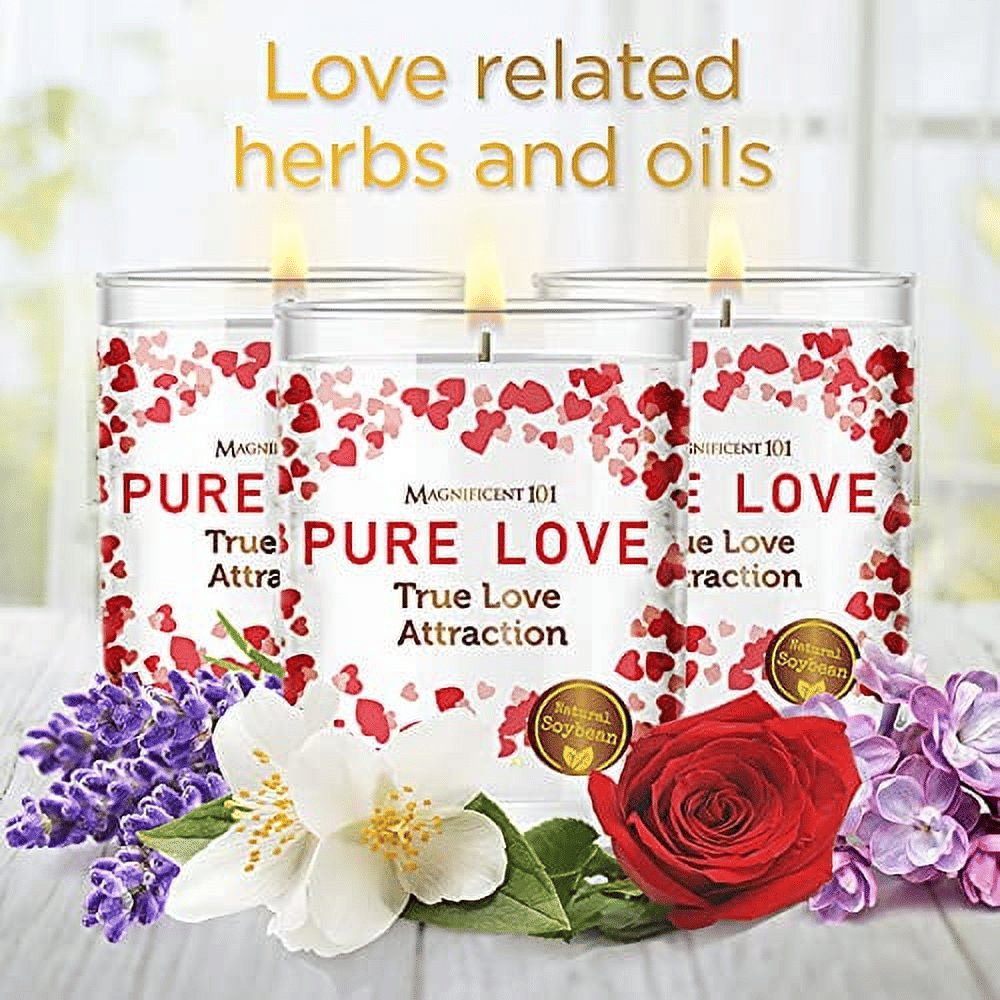 Magnificent 101 Long Lasting Set of 3 Pure Love Smudge Candles | 3.5 Oz Each - 42 Hour Burn | A ll N atural Soy Wax Candle with Florals & Essential Oils for True Love Attraction & Manifestation EasyOptionXY LLC
