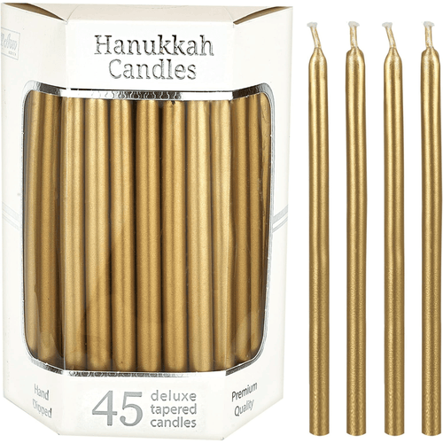 Aviv J udaica Drip Less H anukkah Candles 5.75" Tall Metallic Gold Candle Set of 45 Enough for 8 Nights Fits Standard Menorah Decorative Candles for Parties, Birthday, Weddings, Holiday Decorations EasyOptionXY LLC