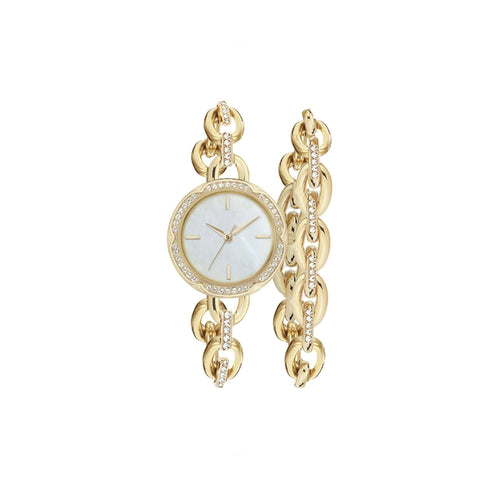 Time and Tru Women's Gold Tone Faux Crystal Bezel Watch and Bracelet Set, 2-Piece EasyOptionXY LLC