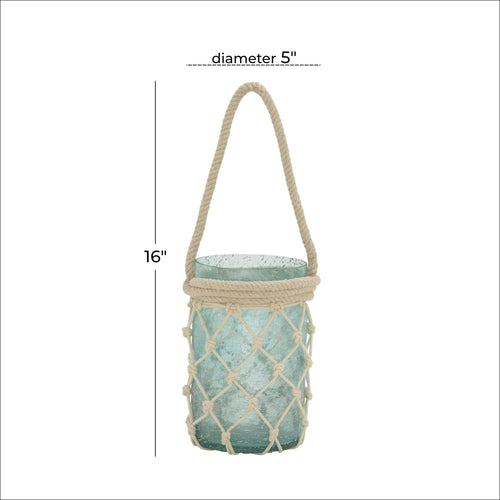 DecMode Blue Glass Decorative Candle Lantern with Rope Handle EasyOptionXY LLC