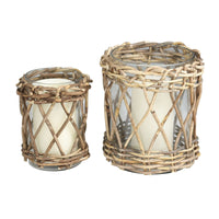 DecMode 2 Candle Glass Handmade Candle Holder with Brown Rattan Woven Exterior, Set of 2 EasyOptionXY LLC