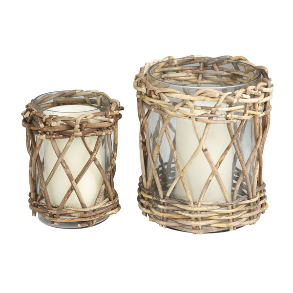 DecMode 2 Candle Glass Handmade Candle Holder with Brown Rattan Woven Exterior, Set of 2 EasyOptionXY LLC
