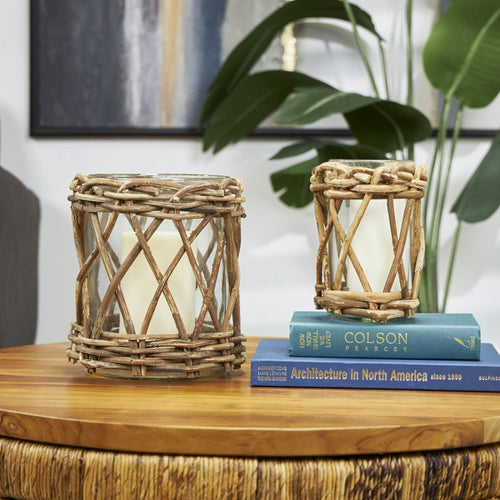 DecMode 2 Candle Glass Handmade Candle Holder with Brown Rattan Woven Exterior, Set of 2 EasyOptionXY LLC