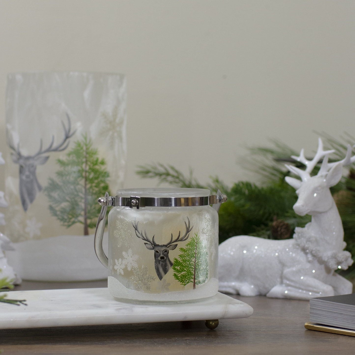 4" Deer Pine and Snowflakes Hand Painted Flameless Glass Candle Lantern EasyOptionXY LLC