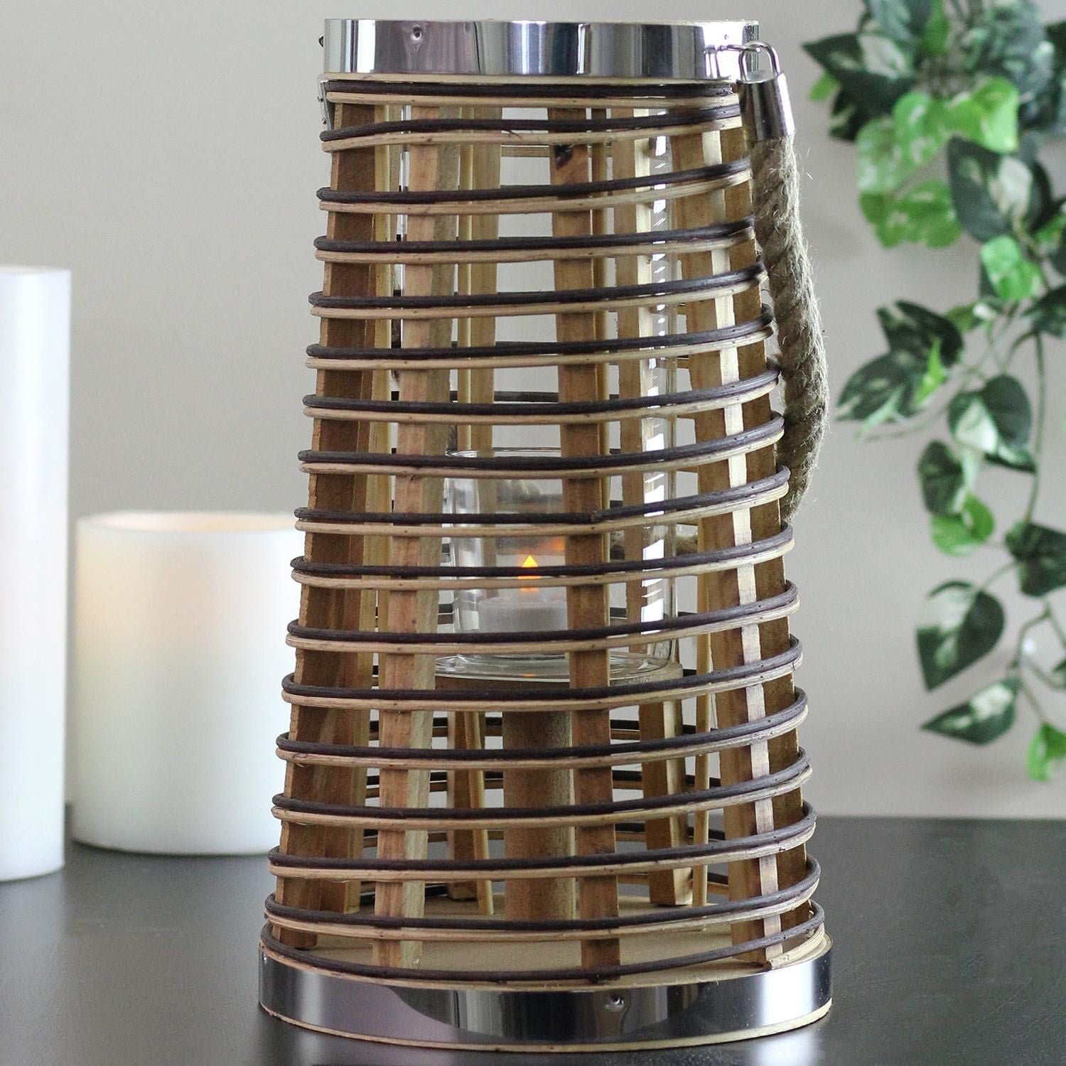 12.75" Rustic Chic Tapered Cylinderical Rattan Candle Holder Lantern with Jute Handle EasyOptionXY LLC