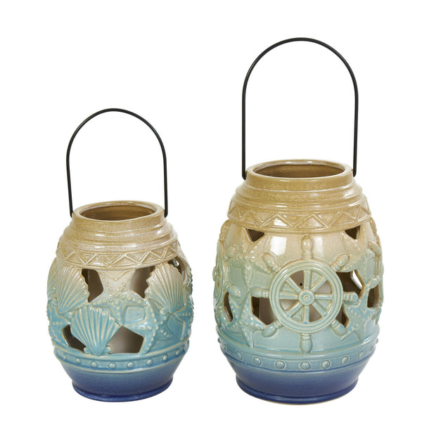 DecMode 2 Holder Blue Ceramic Ship Wheel Ombre Cutout Candle Lantern with Starfish and Shell Accents, Set of 2 EasyOptionXY LLC