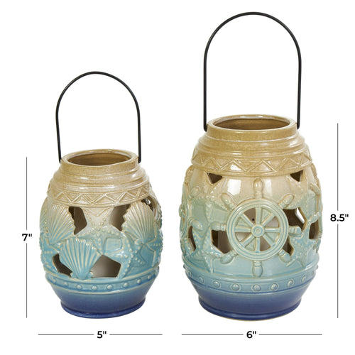 DecMode 2 Holder Blue Ceramic Ship Wheel Ombre Cutout Candle Lantern with Starfish and Shell Accents, Set of 2 EasyOptionXY LLC
