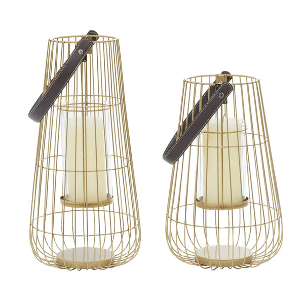 DecMode 2 Holder Gold Metal Decorative Candle Lantern with Leather Straps, Set of 2 EasyOptionXY LLC