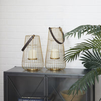DecMode 2 Holder Gold Metal Decorative Candle Lantern with Leather Straps, Set of 2 EasyOptionXY LLC