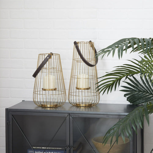 DecMode 2 Holder Gold Metal Decorative Candle Lantern with Leather Straps, Set of 2 EasyOptionXY LLC