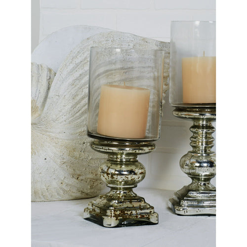 DecMode Silver Glass Handmade Turned Style Pillar Hurricane Lamp with Faux Mercury Glass Finish EasyOptionXY LLC