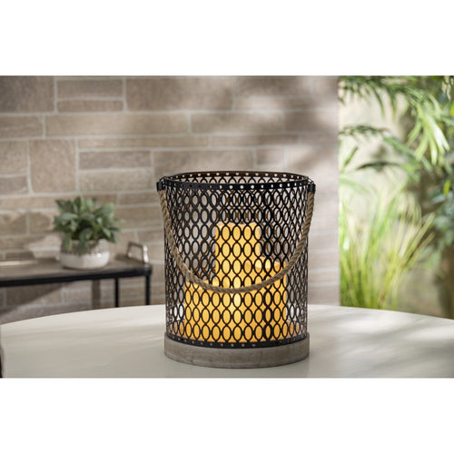 Gerson 11.81in H Battery Operated Wood Lantern with a Black Metal Cylinder, includes 3 resin candles with a removeable rope handle EasyOptionXY LLC