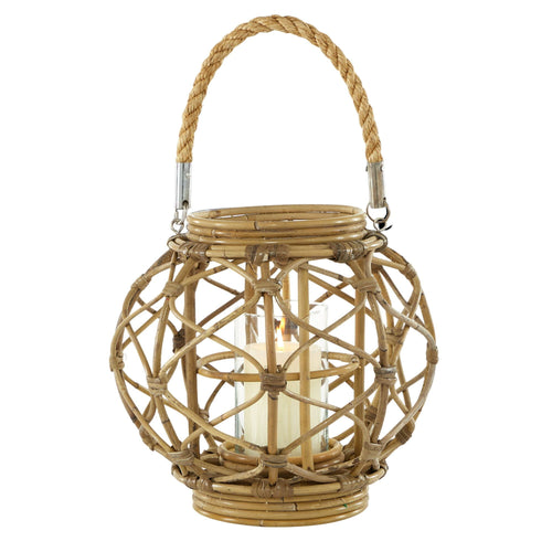Decmode Round Brown Woven Rattan Lantern with Burlap Jute Rope Handle and Glass Insert, 13' x 10.5' EasyOptionXY LLC