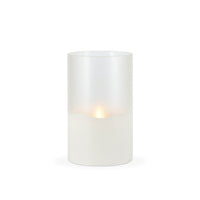 LED 5"D X 8"H Hand-Poured Wax Candle In Frosted Glass. Next Gen LED Flame Patented Technology w/ Adjustable Brightness Control. 2 C Batteries (Not Included). Multi Timer Function, 4, 6 & 8 hour. EasyOptionXY LLC