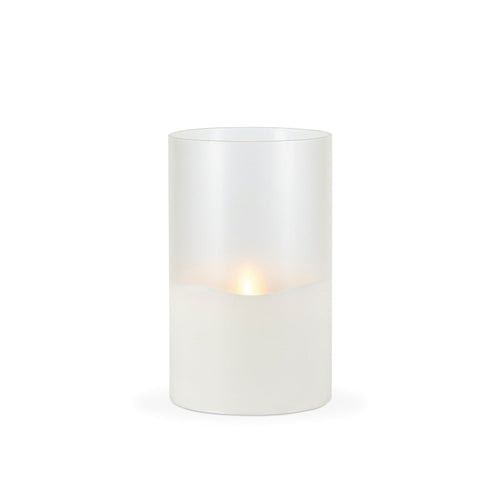LED 5"D X 8"H Hand-Poured Wax Candle In Frosted Glass. Next Gen LED Flame Patented Technology w/ Adjustable Brightness Control. 2 C Batteries (Not Included). Multi Timer Function, 4, 6 & 8 hour. EasyOptionXY LLC