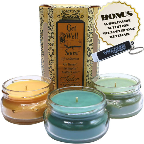 Tyler Candle Company Get Well Soon Candle Gift Set , Scented Candles, Aromatherapy Candle, 3 Long Lasting Candles with Natural Essential Oils, 3.4 oz Each w Worldwide Nutrition Multi Purpose Key Chain EasyOptionXY LLC