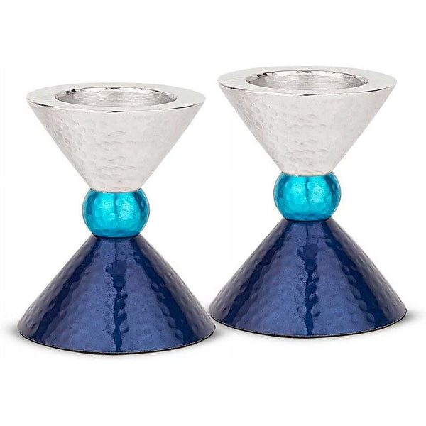 Zion Judaica Modern Tealight Candles or Thick Tapered Shabbat Candlestick Holders Set - Anodized Metal Blue Tones & Silver - Tea light Candle holder for Passover, Bat Mitzvah, Valentine's day Gift EasyOptionXY LLC