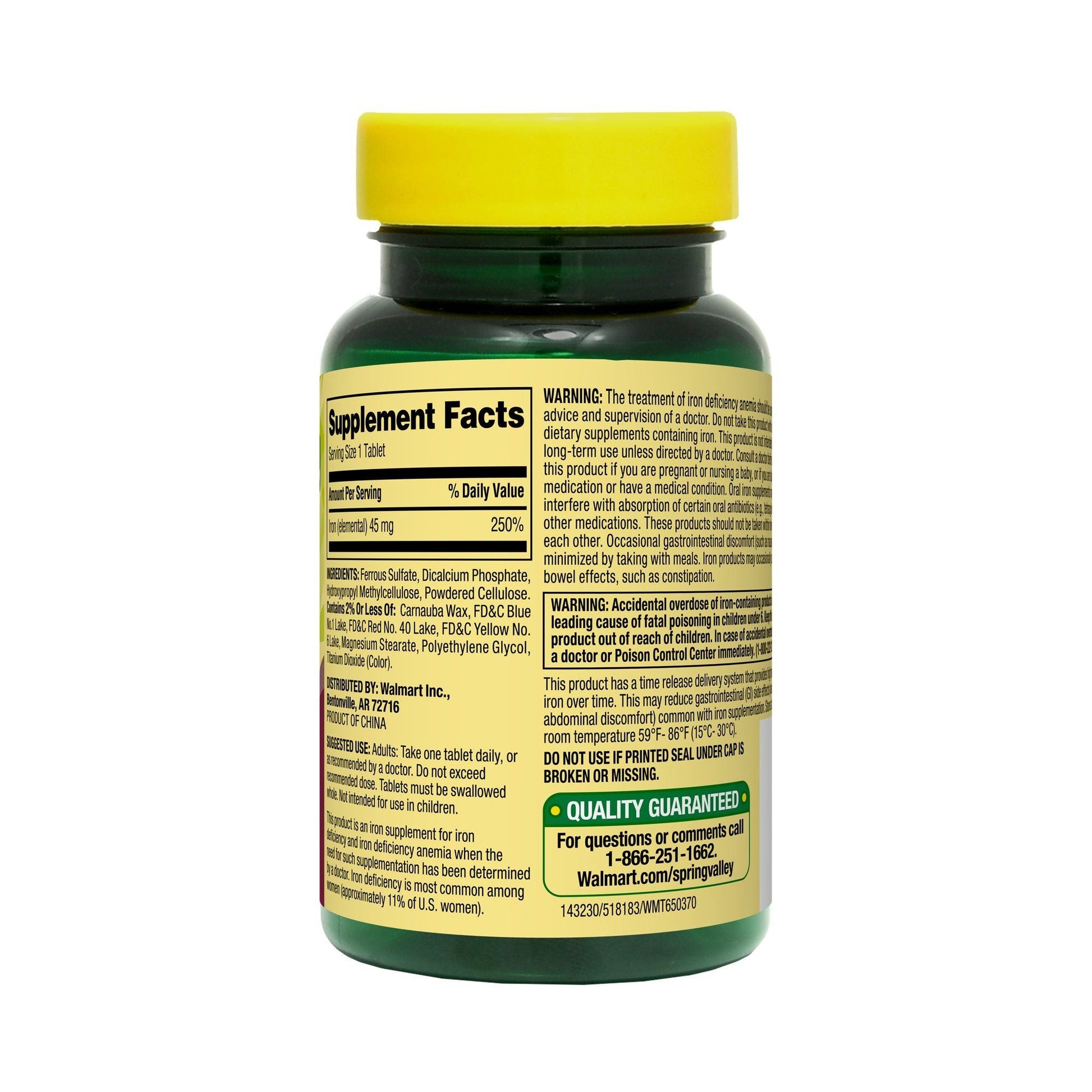 Spring Valley Slow-Release Iron Tablets Dietary Supplement; 45 mg; 30 Count EasyOptionXY LLC