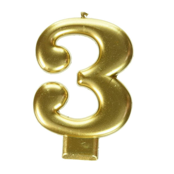 Number #3 Metallic Gold Candle - 3 1/4 Inches Tall x 2 inches Wide (unscented) (170419) EasyOptionXY LLC