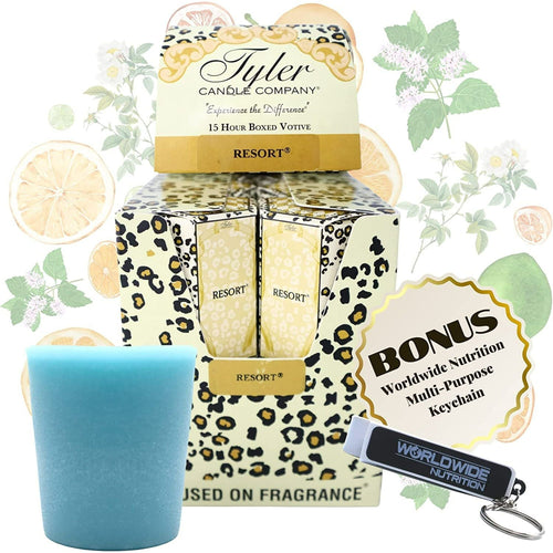 Tyler Candle Company Resort Votive Candles - Luxury Scented Candle with Essential Oils - 16 Pack of 2 oz Small Candles with 15 Hour Burn Time Each - Bonus Worldwide Nutrition Multi Purpose Key Chain EasyOptionXY LLC