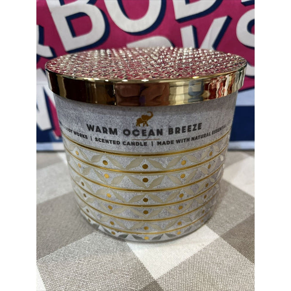 Bath & Body Works White Barn 3 WICK Candle ~ WARM OCEAN BREEZE ~ What it smells like: strolling along the pier at dusk. Fragrance notes: ocean sandalwood, warm sage, eucalyptus zest and coconut. EasyOptionXY LLC