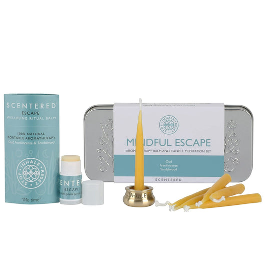 Scentered Aromatherapy Balm & Meditation Candle Set - Mindful Escape Relaxation - x12 Beeswax Candles with Brass Holder & x1 Essential Oil Blend Balm EasyOptionXY LLC