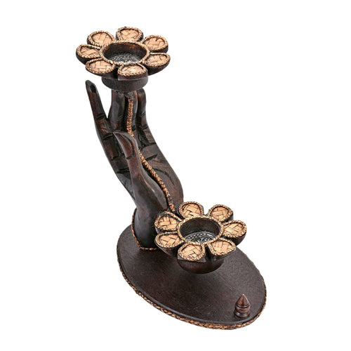 Prayer Hand Holding Flowers Carved Rain Tree Wood Candle Holder EasyOptionXY LLC