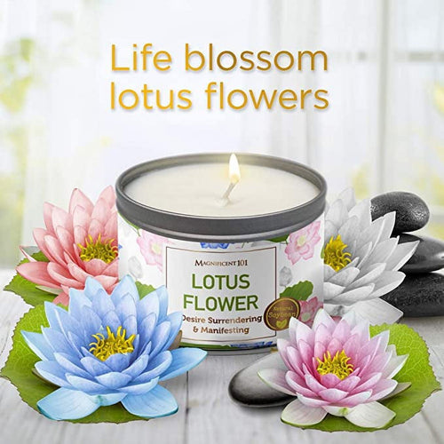 Magnificent 101 Long Lasting Lotus Flower Aromatherapy Candle | 6 Oz - 35 Hour Burn Time Paraffin Free, A ll N atural & Organic Soy Wax Candle for Desire Surrendering, Manifestation & Purification EasyOptionXY LLC