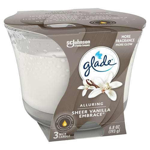 Glade Candle Alluring Sheer Vanilla Embrace Scent, 3-Wick, 6.8 oz (193 g), 1 Count, Fragrance Infused with Essential Oils, Notes of Vanilla Blossom, White Orchid, Sandalwood Scented Candles EasyOptionXY LLC