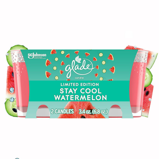 Glade Scented Candle Jar, Stay Cool Watermelon Scent, Infused with Essential Oils, Spring Limited Edition Fragrance, Positive Vibes Collection, 2 Candles, 3.4 Oz, 96 g each