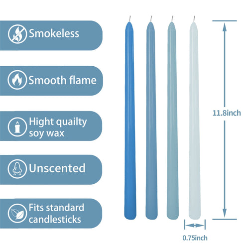 MGEZCOO 12 Inch Gradient Blue Taper Candle Sticks Pack of 4-Unscented Smokeless EasyOptionXY LLC