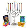 Last Minute Complete Hanukkah Menorah Kit - 9" Menorah, 44 Colored Hanukkah Candles, Chanukah Handbook Guide , 4 Colored Dreidels, Chocolate Gelt Coins - Chanukkah Essentials in 1 Box by Zion Judaica