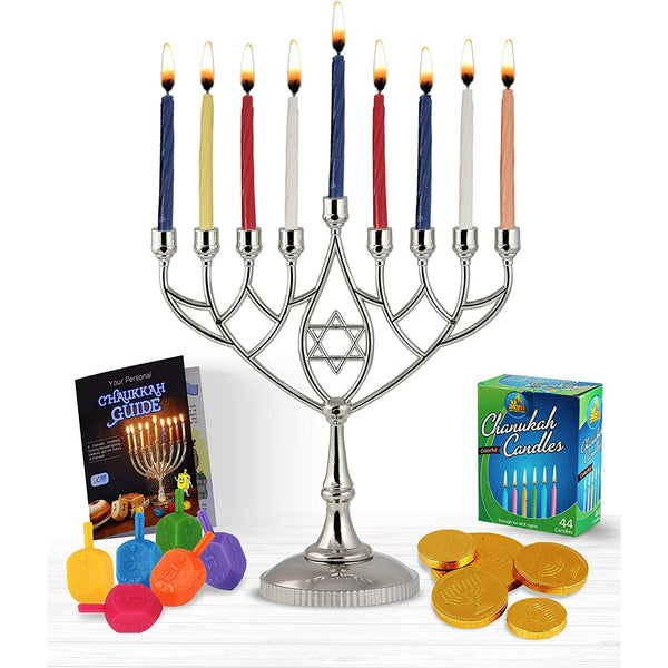 Last Minute Complete Hanukkah Menorah Kit - 9" Menorah, 44 Colored Hanukkah Candles, Chanukah Handbook Guide , 4 Colored Dreidels, Chocolate Gelt Coins - Chanukkah Essentials in 1 Box by Zion Judaica