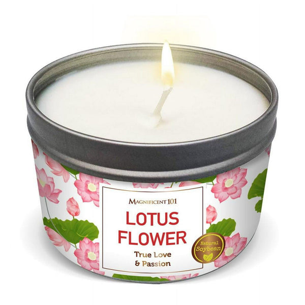 Magnificent 101 Lotus Flower Aromatherapy Candle ¨C 6 Oz - 24 Hour Burn | Soy Wax Tin Candle for True Love & Passion, Purification, Manifestation & Chakra Healing