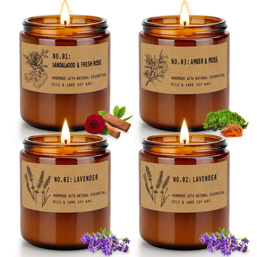 4 Pack Candles Gifts for Home Scented, Long Lasting Jar Soy Scented Candle Gifts, Soy Wax Aromatherapy Candles - Lavender, Amber & Moss, Sandalwood Rose, 28.4oz EasyOptionXY LLC