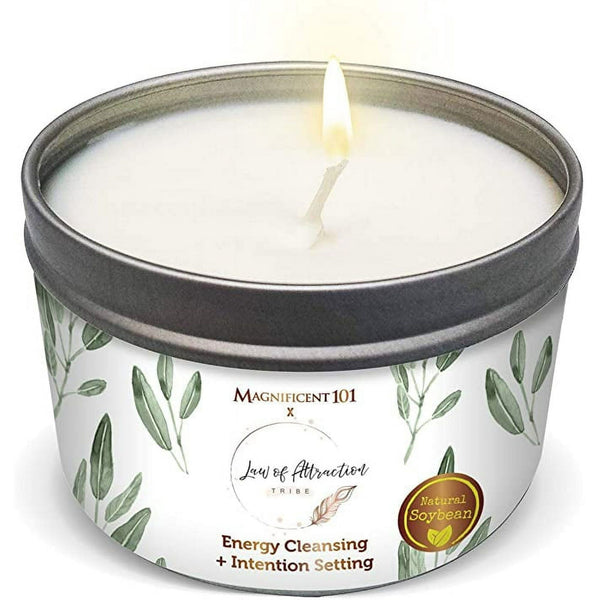 MAGNIFICENT101 Law of Attraction Tribe Pure White Sage Smudge Candle for House Energy Cleansing, Banishes Negative Energy I Purification and Chakra Healing - Natural Soy Wax Tin Candle EasyOptionXY LLC