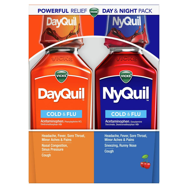 Vicks DayQuil & NyQuil Cold, Cough & Flu Liquid Medicine, over-the-Counter Medicine, Cherry, 2x12 oz EasyOptionXY LLC
