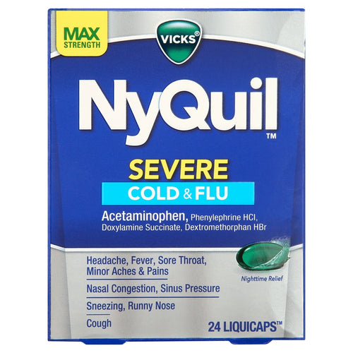 Vicks NyQuil Severe Liquicaps, Nighttime Cold, Cough & Flu Relief, over-The-Counter Medicine, 24 Ct LiquiCaps EasyOptionXY LLC