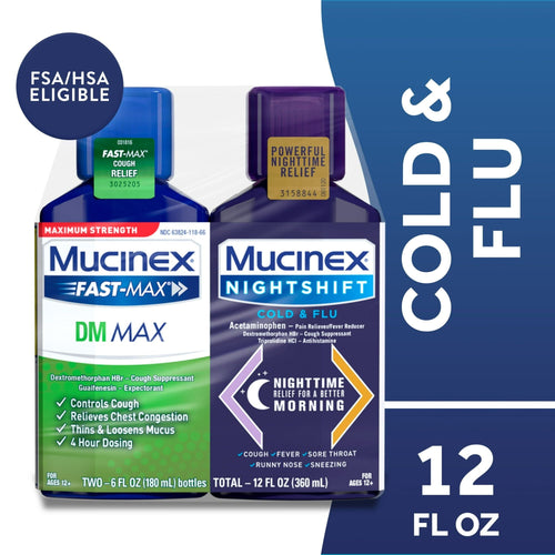 Mucinex Fast-Max DM Max & Nightshift Cold and Flu Medicine, OTC Day/Night Cough Medicine, 2x6 fl oz EasyOptionXY LLC