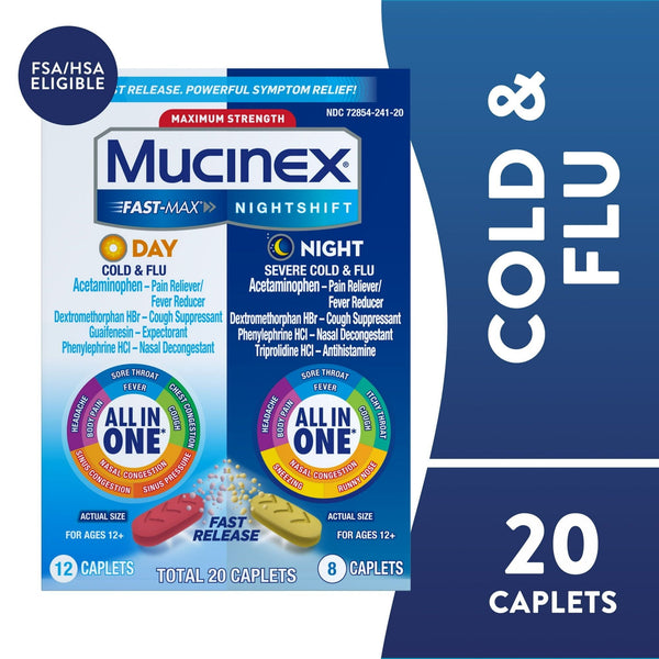Mucinex Fast-Max Day Cold & Flu & Nightshift Severe Cold & Flu Medicine, Cough Relief, 20 Caplets EasyOptionXY LLC